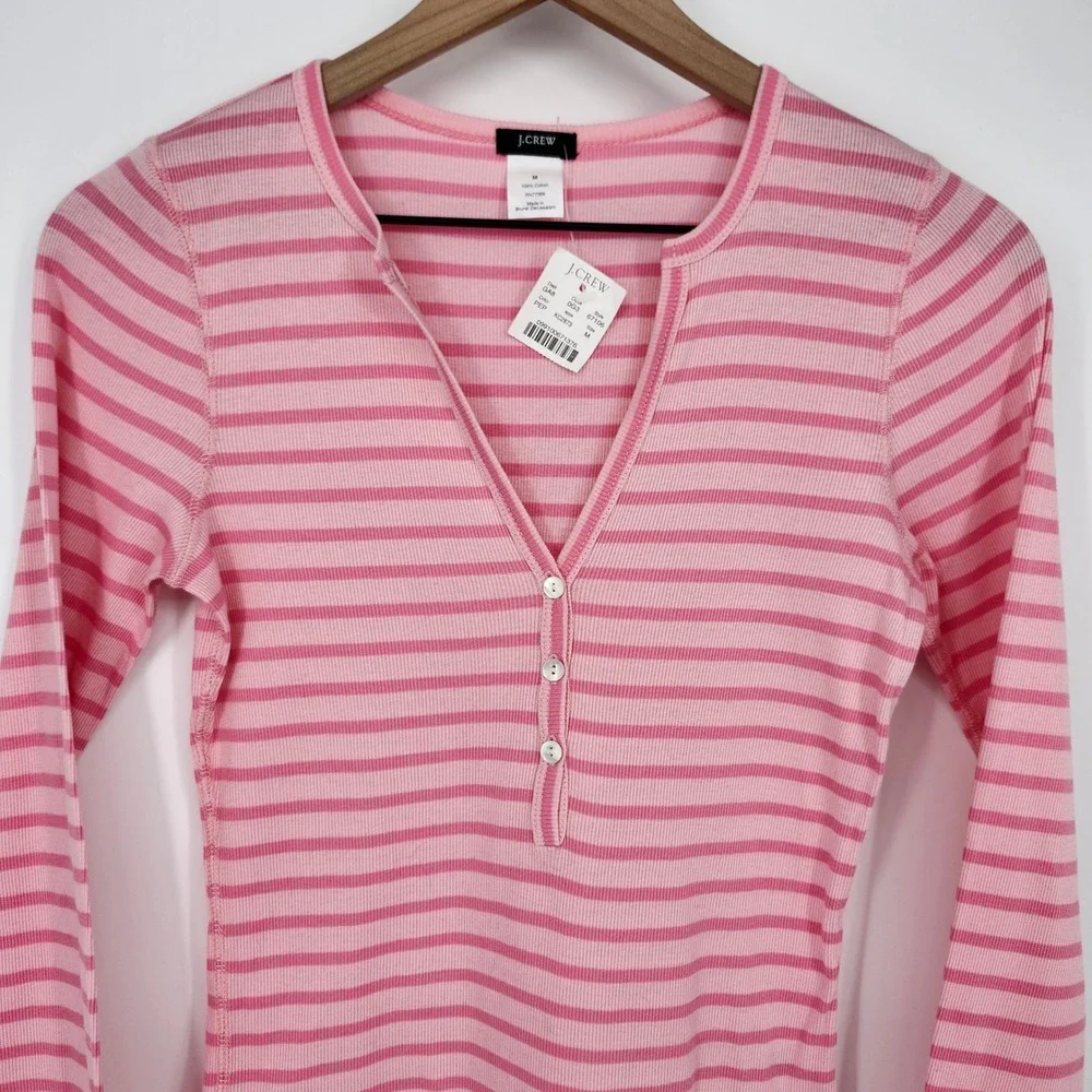 J.Crew Y2K Retro 2000s Preppy Ribbed Knit Henley Top Size M Pink Striped NWT